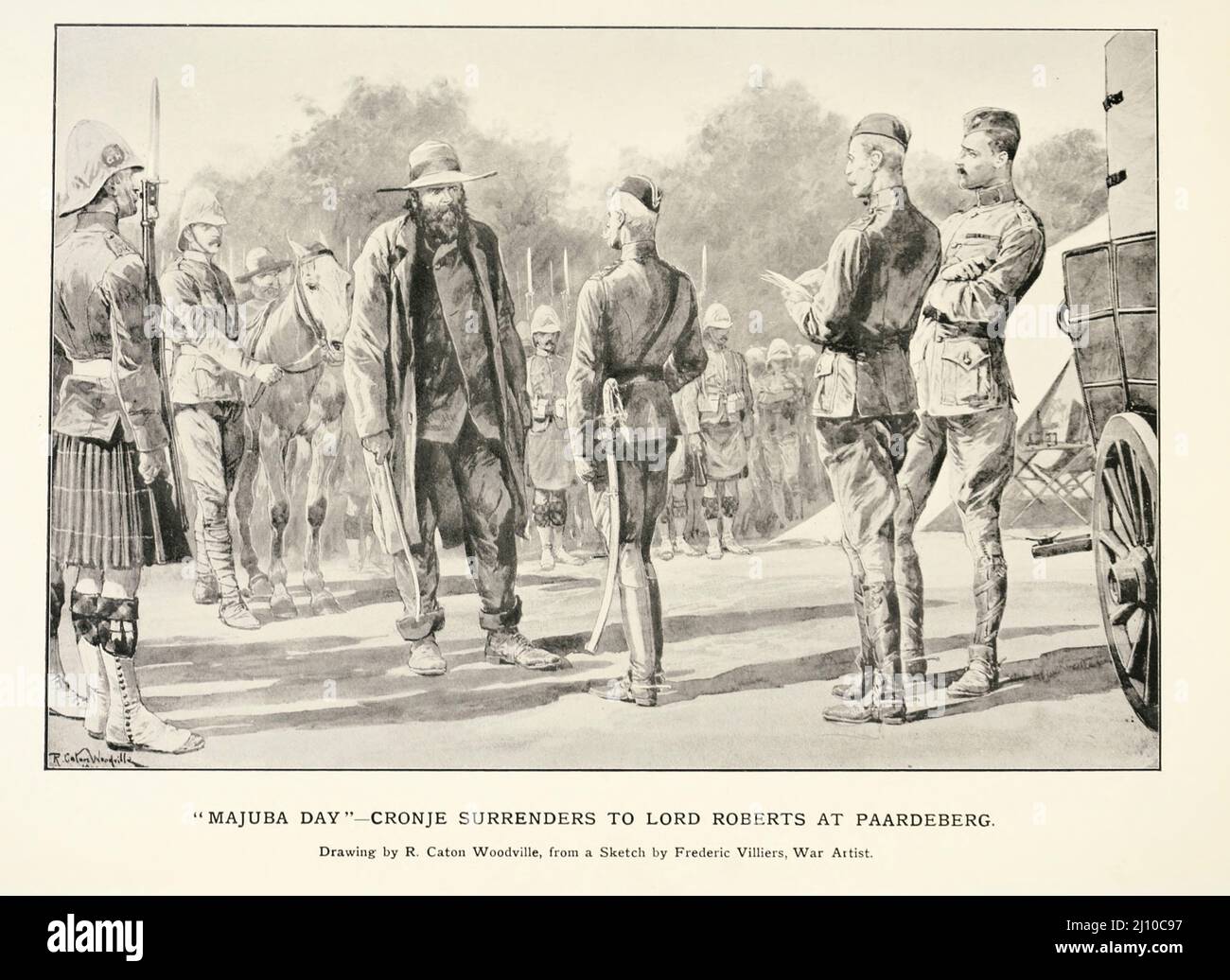 General Cronje Surrenders to Lord Roberts at Paardeberg Drawing by R. Caton Woodville from the book ' South Africa and the Transvaal war ' by Louis Creswicke, Publisher; Edinburgh : T. C. & E. C. Jack 1900 Stock Photo