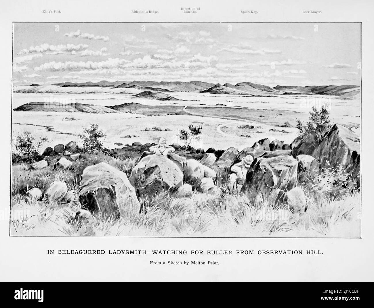 In Beleaguered Ladysmith Watching for Buller from Observation Hill Sketch by Melton Prior from the book ' South Africa and the Transvaal war ' by Louis Creswicke, Publisher; Edinburgh : T. C. & E. C. Jack 1900 Stock Photo