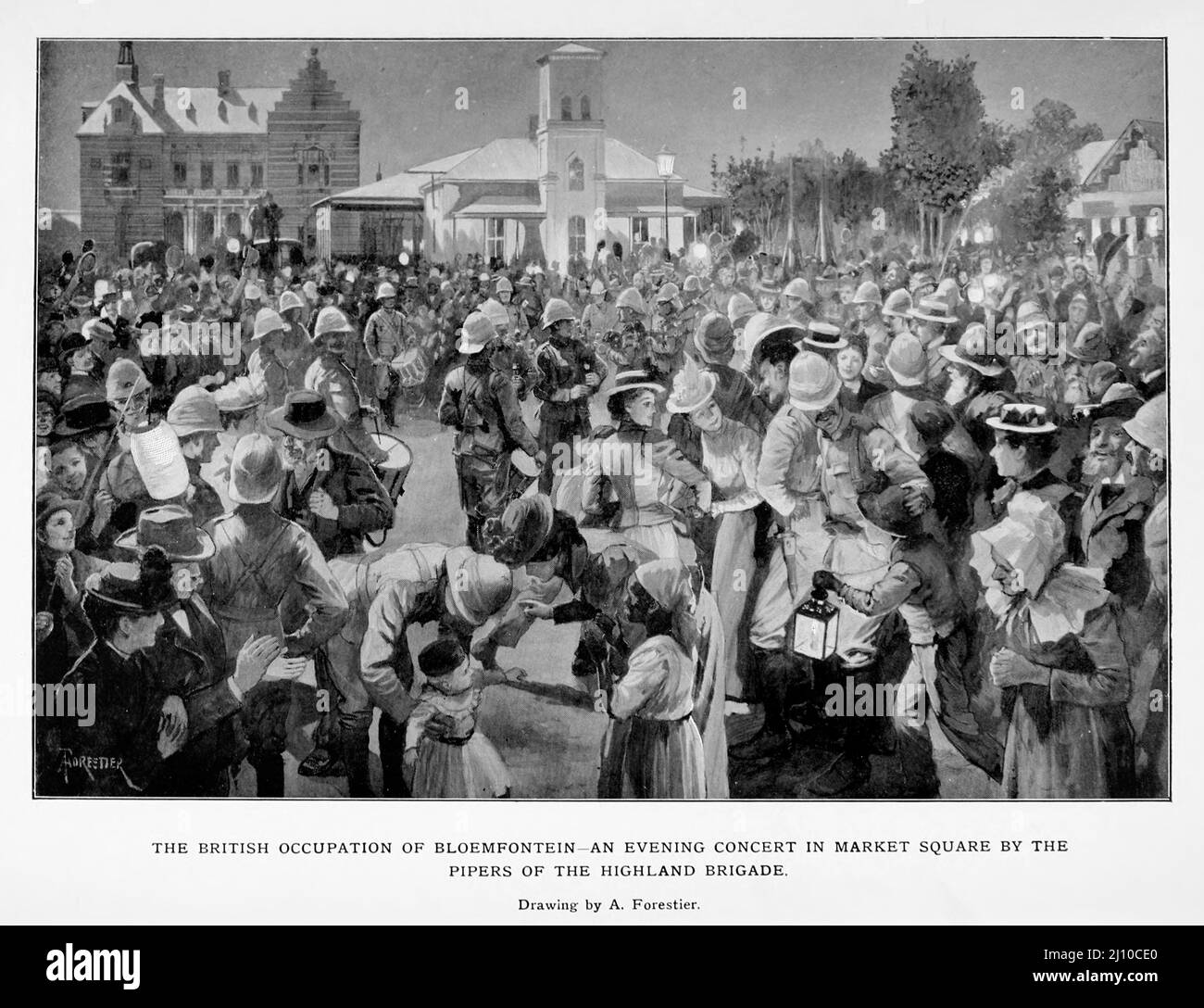 The British Occupation of Bloemfontein An Evening Concert in Market Square by the Pipers of the Highland Brigade Drawing by A. Forestier from the book ' South Africa and the Transvaal war ' by Louis Creswicke, Publisher; Edinburgh : T. C. & E. C. Jack 1900 Stock Photo