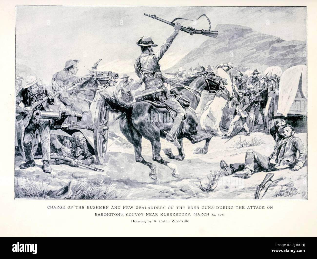 Charge of the Bushmen and New Zealanders on the Boer guns during the Attack on Babington's Convoy near Klersdorp March 24, 1901 Drawing by R. Caton Woodville from the book ' South Africa and the Transvaal war ' by Louis Creswicke, Publisher; Edinburgh : T. C. & E. C. Jack 1900 Stock Photo