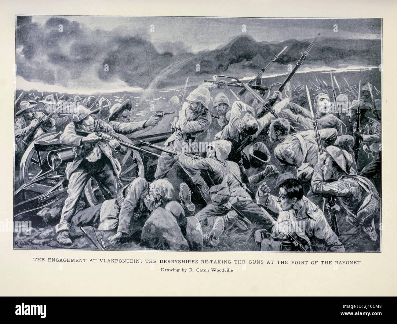 The Engagement at Vlakfontein, The Derbyshires re-take the Guns at the Point if the Bayonet Drawing by R. Caton Woodville from the book ' South Africa and the Transvaal war ' by Louis Creswicke, Publisher; Edinburgh : T. C. & E. C. Jack 1900 Stock Photo