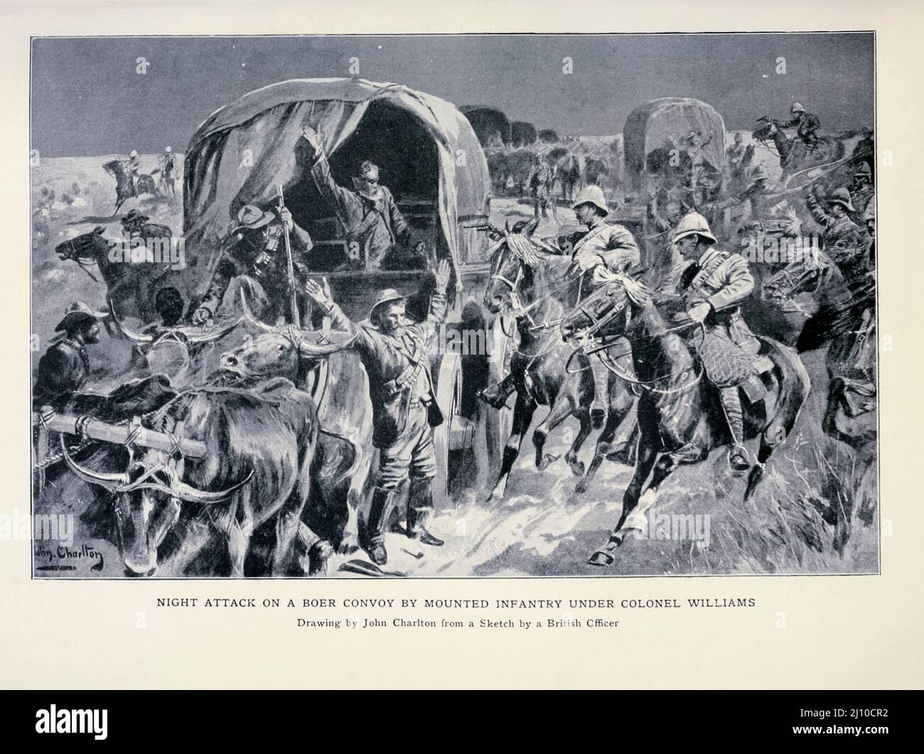 Night Attack on a Boer Convoy by Mounted Infantry under Colonel Williams Drawing by John Charlton from the book ' South Africa and the Transvaal war ' by Louis Creswicke, Publisher; Edinburgh : T. C. & E. C. Jack 1900 Stock Photo