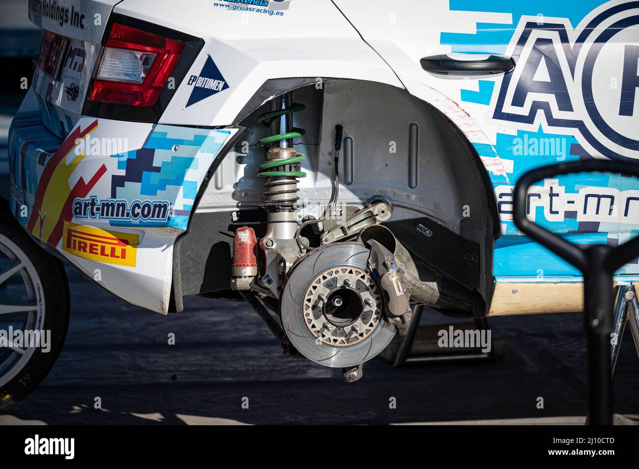 Closeup of the rear suspension of the Skoda Fabia Rally2 evo in the 2