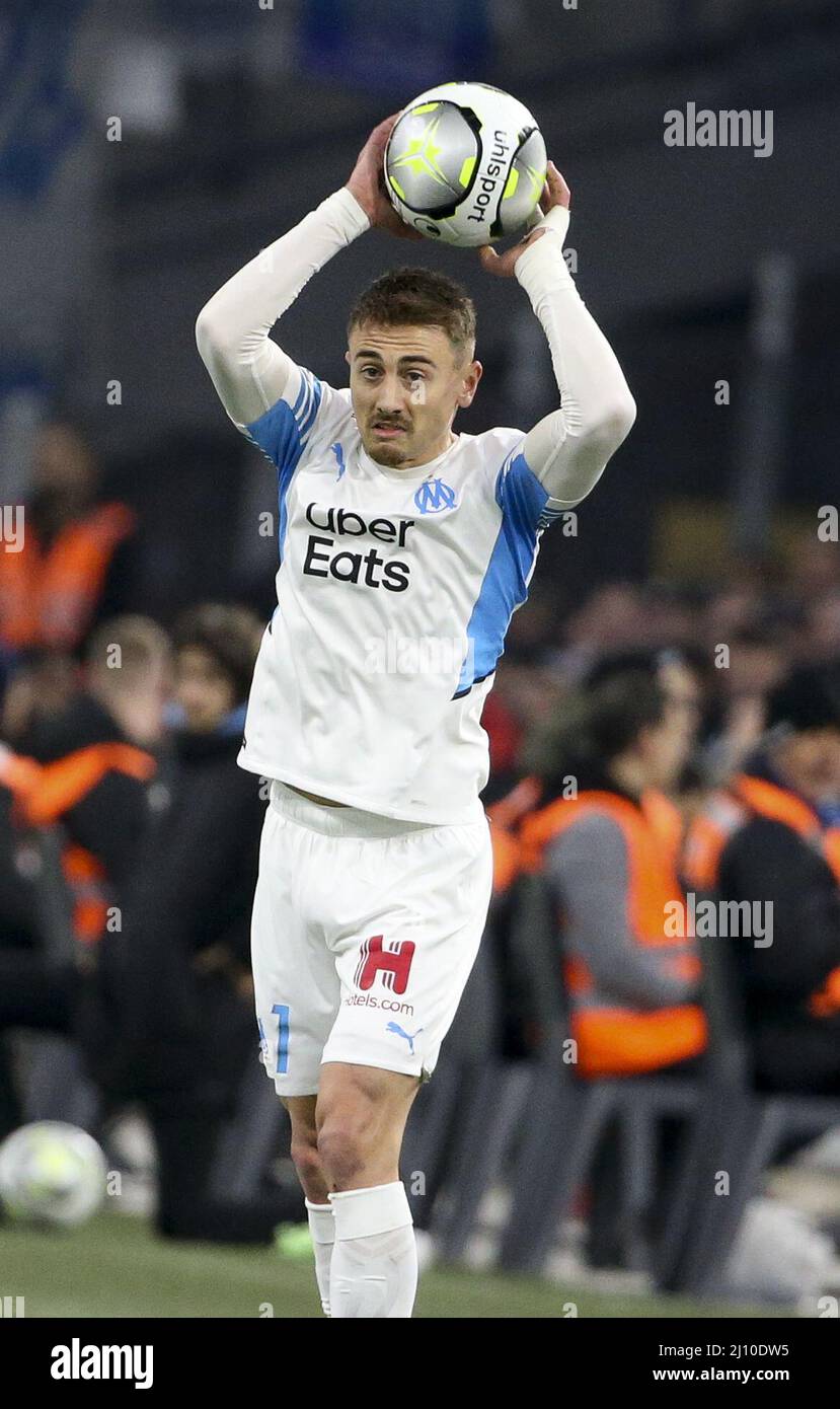 Valentin Rongier of Marseille during the French championship Ligue 1 football match between Olympique de Marseille and OGC Nice on March 20, 2022 at Velodrome stadium in Marseille, France - Photo: Jean Catuffe/DPPI/LiveMedia Stock Photo