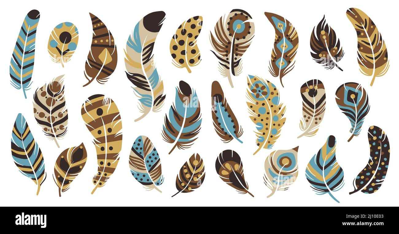 Tribal feathers. Ethnic multicolor Indian elements. Decorative items. Soft curved shapes. Featherings painting. Birds plumage. Eagle or peacock quills Stock Vector