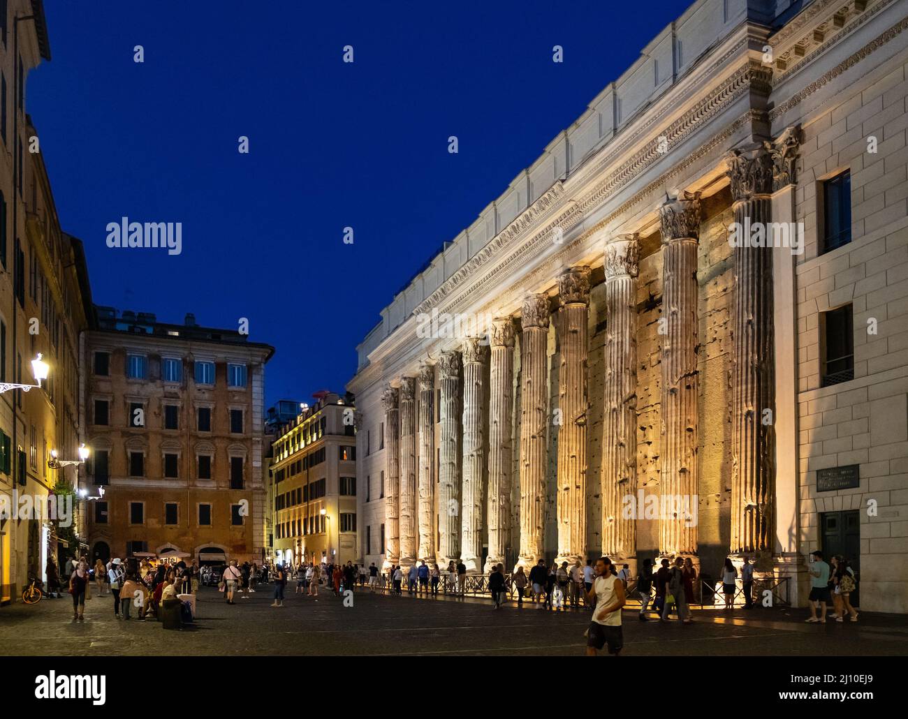 Rome, Italy - May 27, 2018: Hadrian Temple ancient wall with colonnade now facade of Chamber of Commerce stock exchange at Piazza di Pietra square Stock Photo