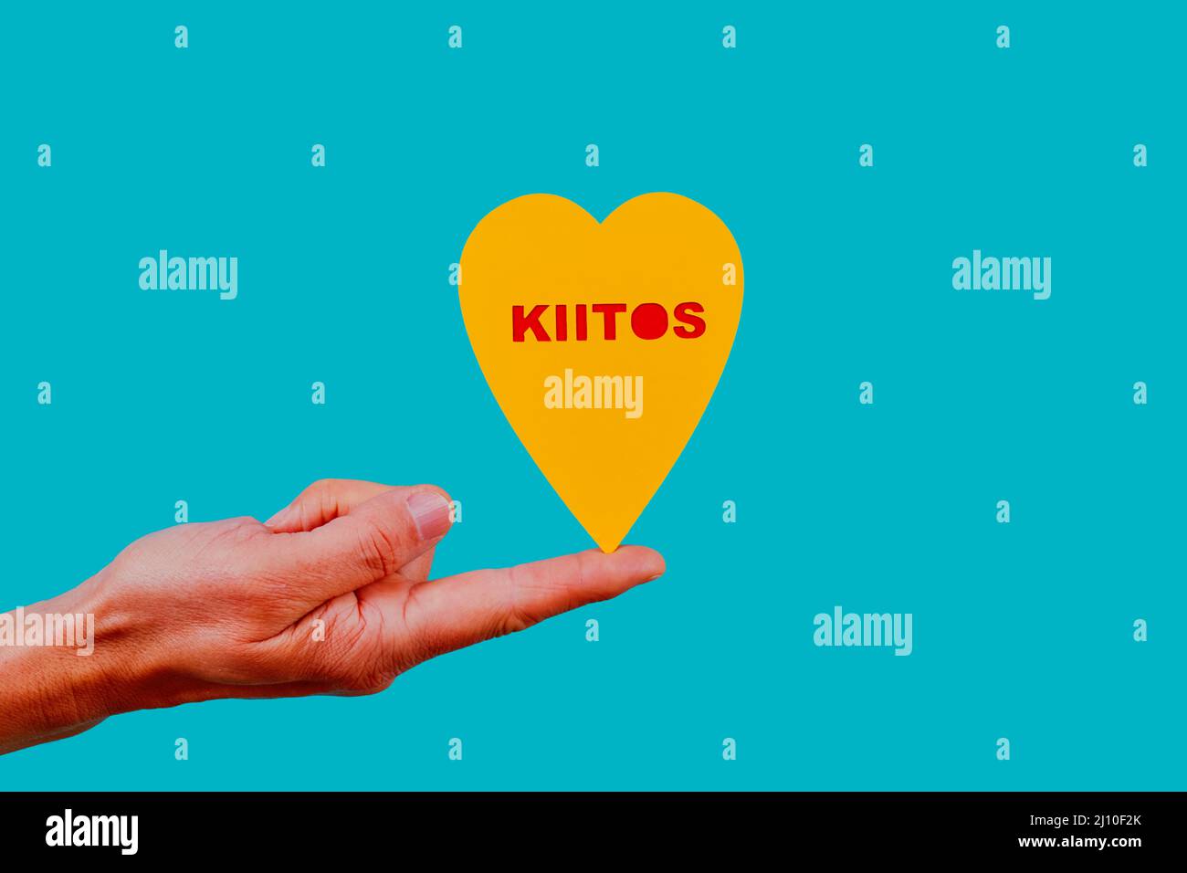 closeup of a man with a yellow heart, that reads thank you written in finnish, in balance on the tip of his forefinger, against a blue background Stock Photo