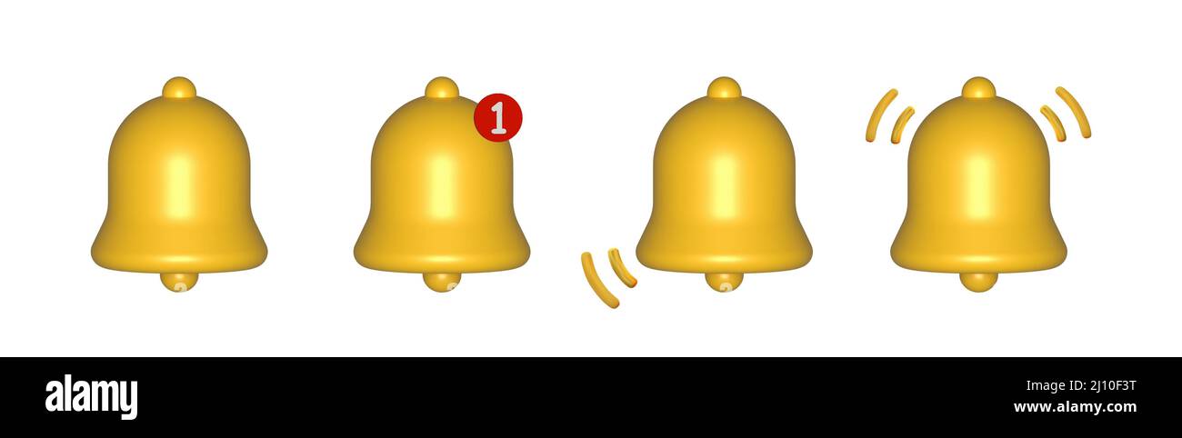 3d notification bells front view set isolated on white background. 3d render. Stock Vector