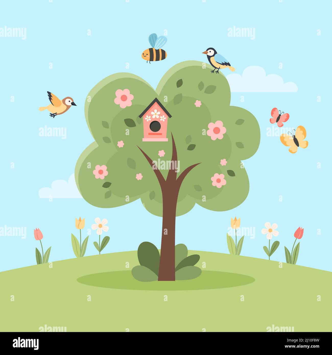 Welcome Spring Trees Cherry blossom tree, welcome spring card with cute elements. Hand drawn ...