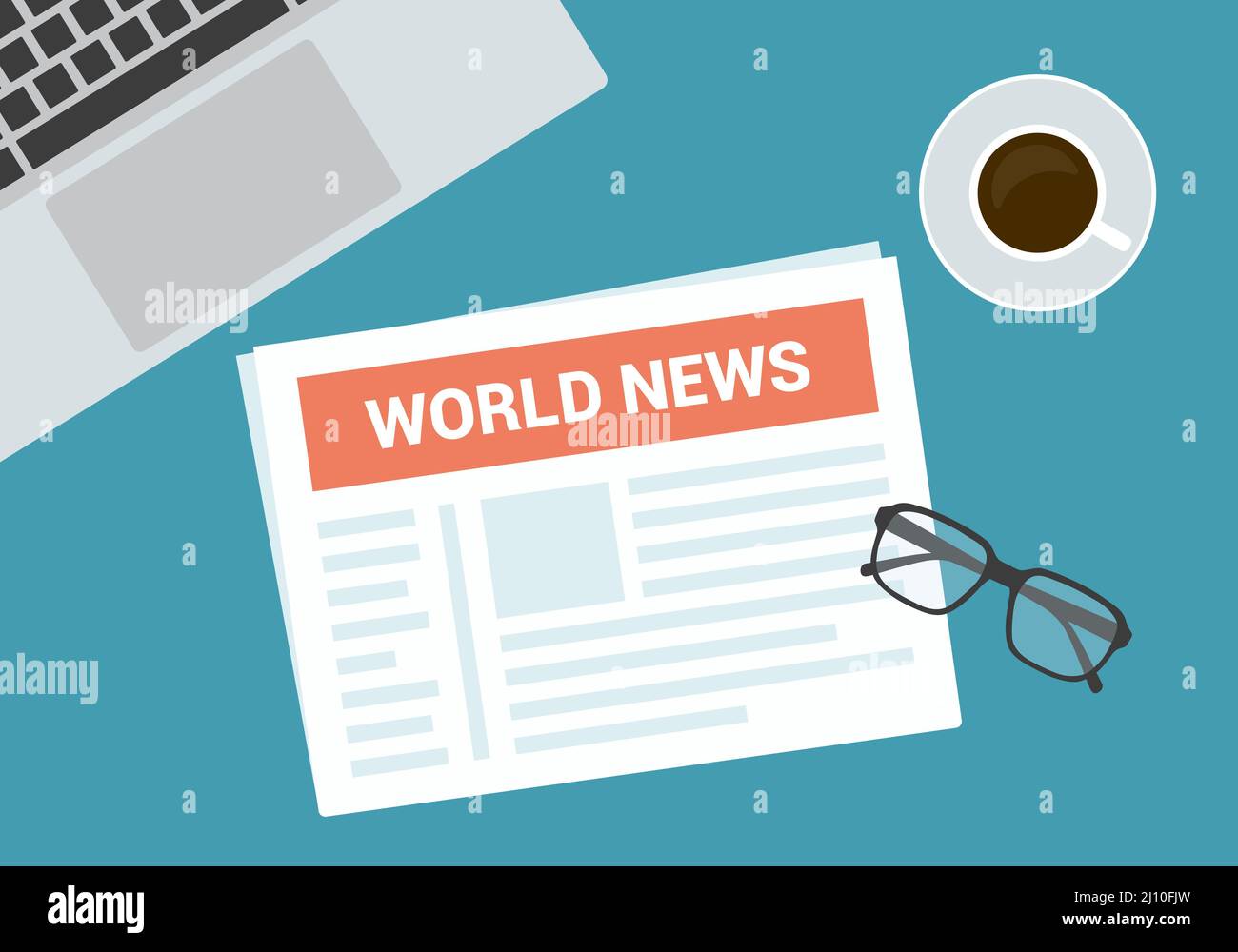 Flat design illustration of top view of newspaper and glasses with cup of coffee and laptop on desk table - vector Stock Vector