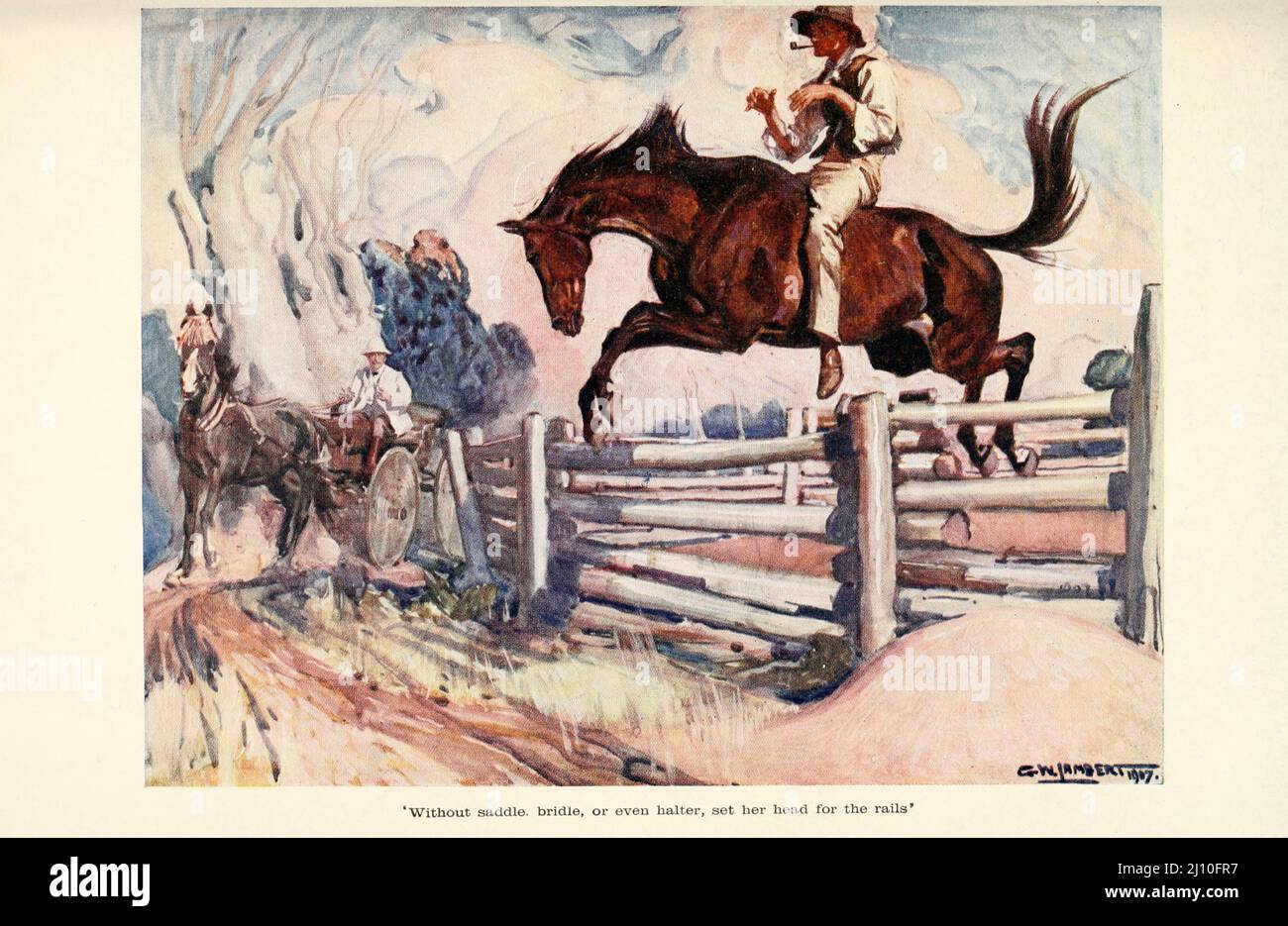 Without saddle, bridle, or even halter, set her head for the rails from the book ROMANCE OF EMPIRE : AUSTRALIA BY W. H. LANG WITH TWELVE REPRODUCTIONS FROM ORIGINAL DRAWINGS IN COLOUR BY G. W. LAMBERT Series Edited by John Lang Published London and Edinburgh : T. C. & E. C. Jack in 1908 Stock Photo
