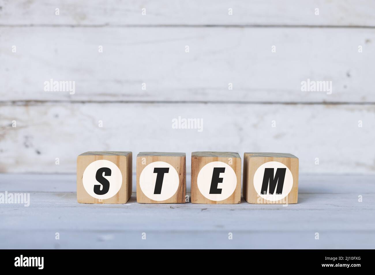 stem concept written on wooden cubes or blocks, on white wooden background. Stock Photo