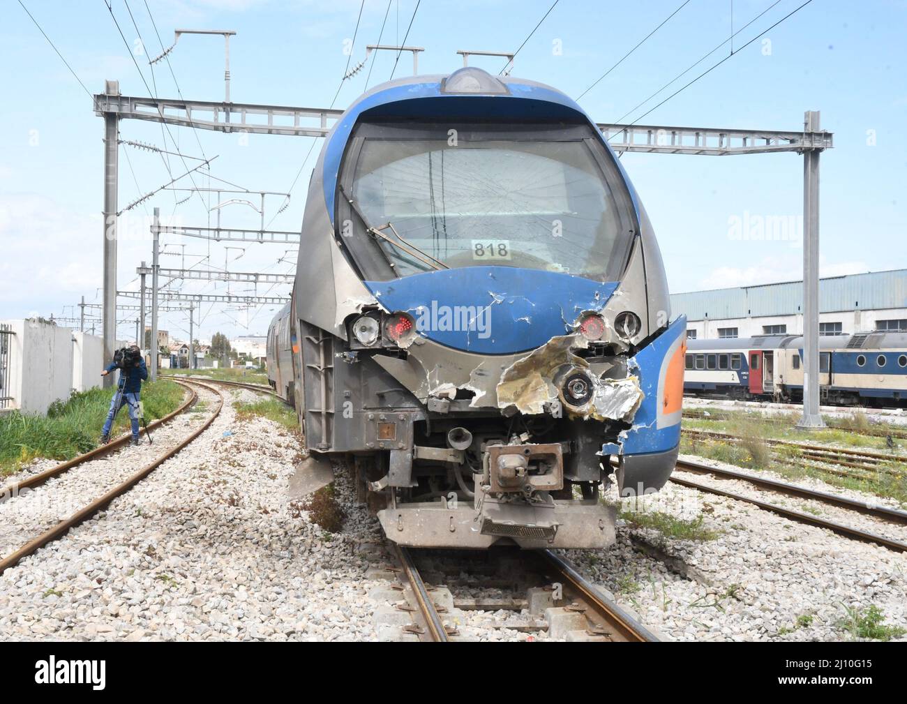 Tunis. 21st Mar, 2022. Photo taken on March 21, 2022 shows the site of the train collision in the south of Tunis, Tunisia. At least 72 people were injured when two trains collided on Monday morning in the south of Tunisia's capital Tunis, according to an official from Civil Defense Department. Credit: Adel Ezzine/Xinhua/Alamy Live News Stock Photo