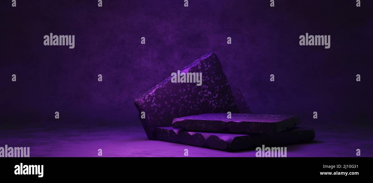Sophisticated Dark Showcase Podium Pedestal Fashionable Subtle Dim Purple Violet Colors Presentation Display Background 3D Illustration Stock Photo