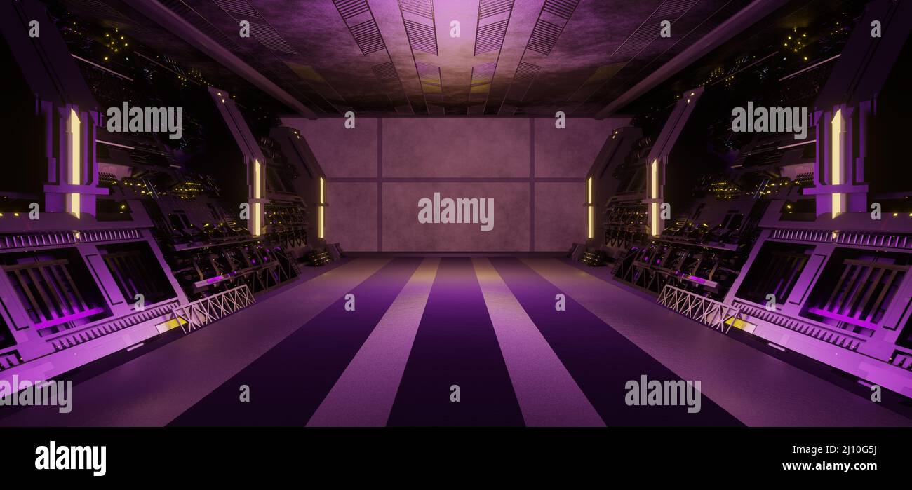 Alien SciFi Laboratory Or Industrial Warehouse Club Neon Purple Colors Sci Fi Background Future Concept Art Stock Photo