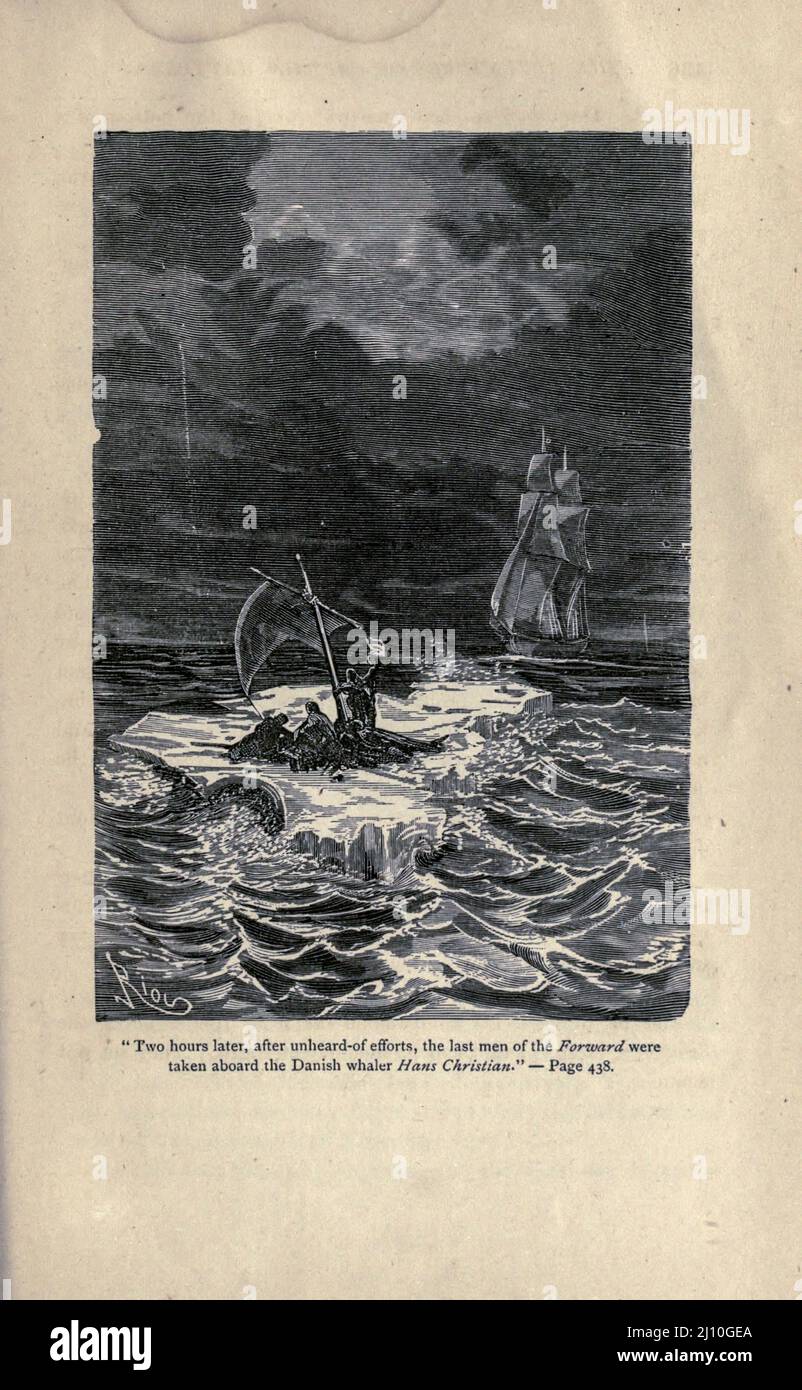 Two Hours later, after unheard-of efforts, the last men of the Forward were taken aboard the Danish whaler Hans Christian from the book ' The voyages and adventures of Captain Hatteras ' by Jules Verne, 1828-1905; Illustrated by Édouard Riou Publication date 1876, Publisher Boston : J. R. Osgood  The novel, set in 1861, described adventures of British expedition led by Captain John Hatteras to the North Pole.  Captain Hatteras shows many similarities with the English naval explorer Sir John Franklin. Stock Photo