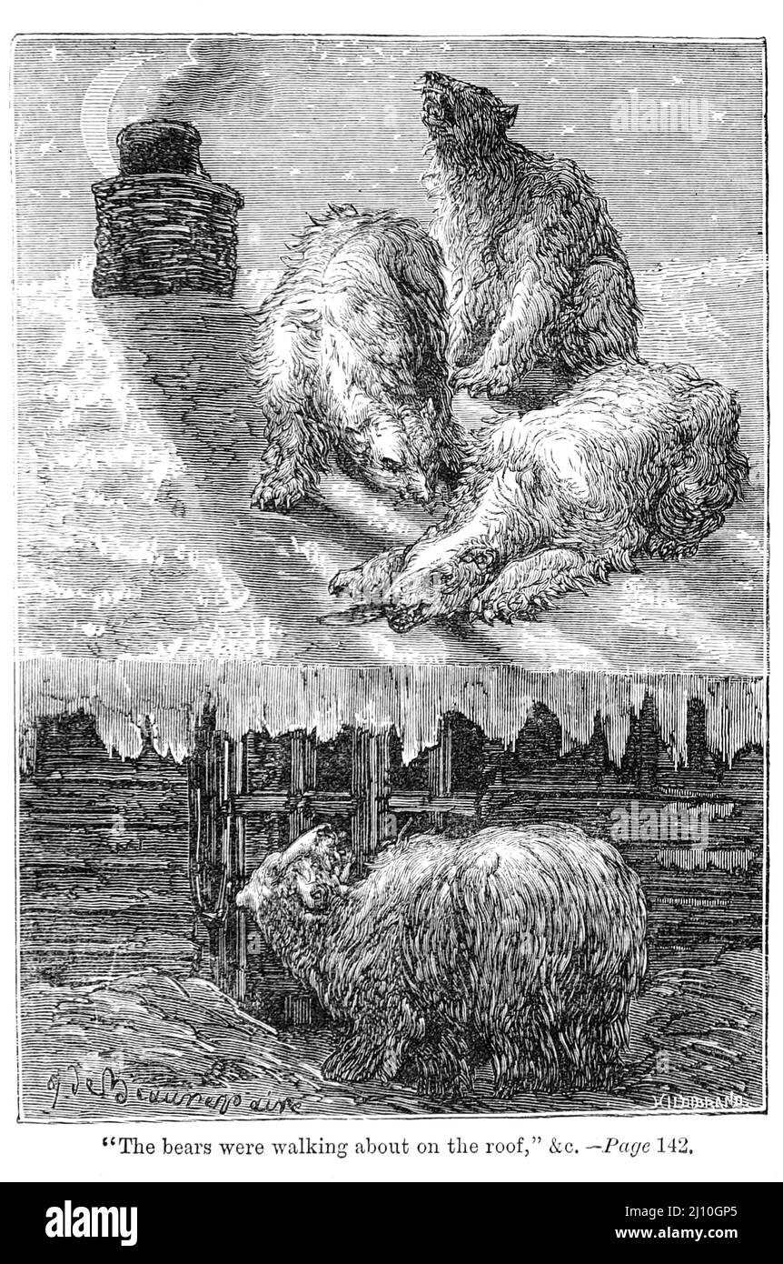 The bears were walking about on the roof From the book ' The fur country ' or AKA ' Seventy degrees North latitude ' by Jules Verne, 1828-1905 Publication date 1877 Publisher London : Sampson Low, Marston, Searle, & Rivington. Plot summary In 1859 Lt. Jasper Hobson and other members of the Hudson's Bay Company travel through the Northwest Territories of Canada to Cape Bathurst on the Arctic Ocean on the mission to create a fort at 70 degrees, north of the Arctic Circle. The area they come to is very rich with wildlife and natural resources. Jasper Hobson and his party establish a fort here. At Stock Photo