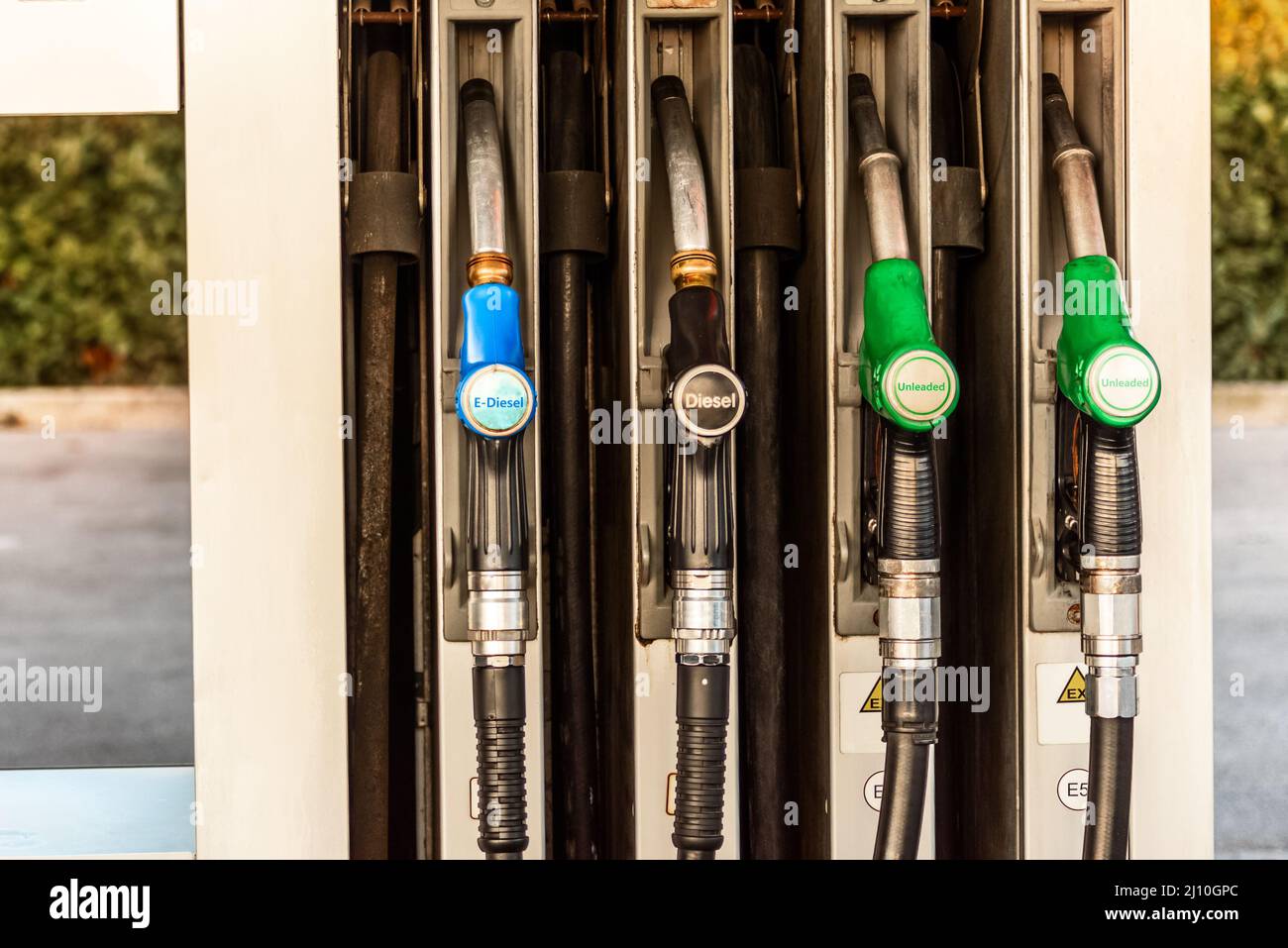 Close up of fuel nozzles in an old filling station Stock Photo