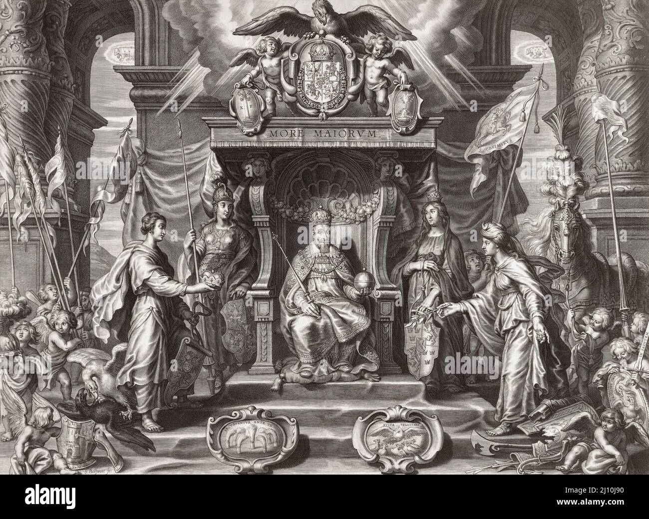 Sigismund III Vasa, 1566 - 1632.  King of Poland and Grand Duke of Lithuania 1587 to 1632 and, as Sigismund, King of Sweden and Grand Duke of Finland (1592 to 1599).   In the picture he is flanked by personifications of his territories and allies, including Minerva representing Poland and an Ottoman woman with peace branch in hand, a reference to the Polish-Ottoman War of 1620 - 1621.  After a 17th century work by Schelte Adamsz. Bolswert. Stock Photo