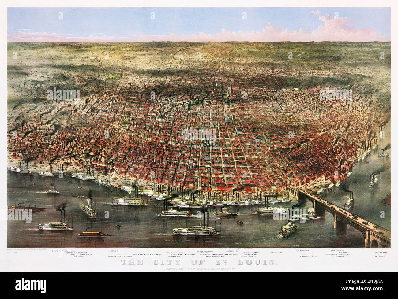 The city of St. Louis, Missouri, United States of America.  An aerial panorama of the city published by Currier & Ives in 1874.  The chromolithograph was made in the heyday of the Mississippi river steamboats which can be seen in the picture. Stock Photo