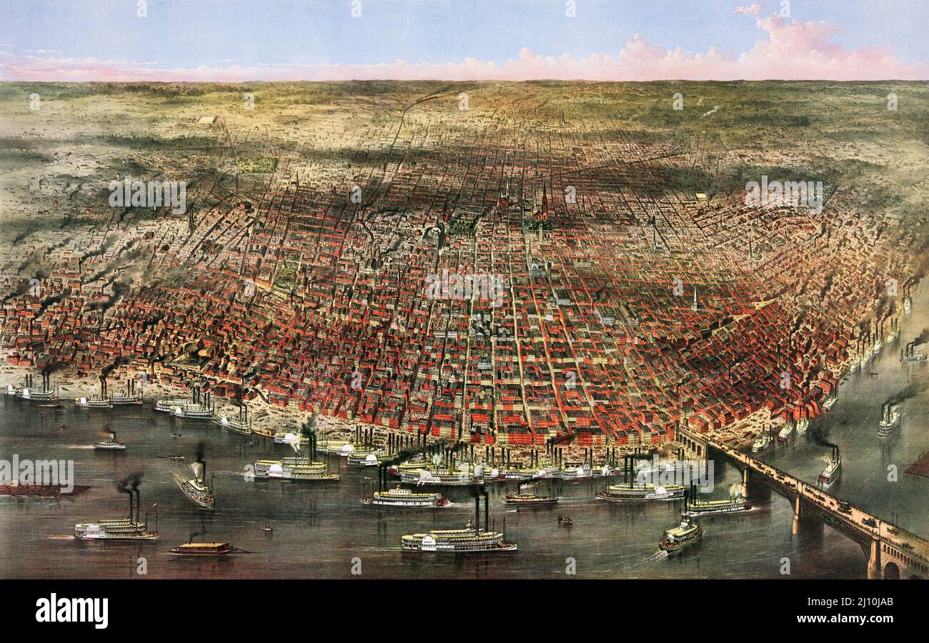 The city of St. Louis, Missouri, United States of America.  An aerial panorama of the city published by Currier & Ives in 1874.  The chromolithograph was made in the heyday of the Mississippi river steamboats which can be seen in the picture. Stock Photo