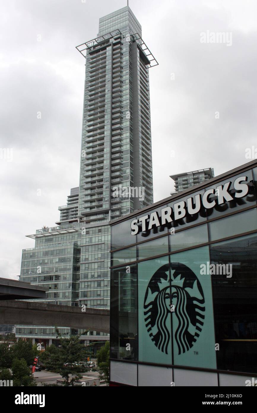 Starbucks and high rise residential building at Brentwood Mall. Burnaby