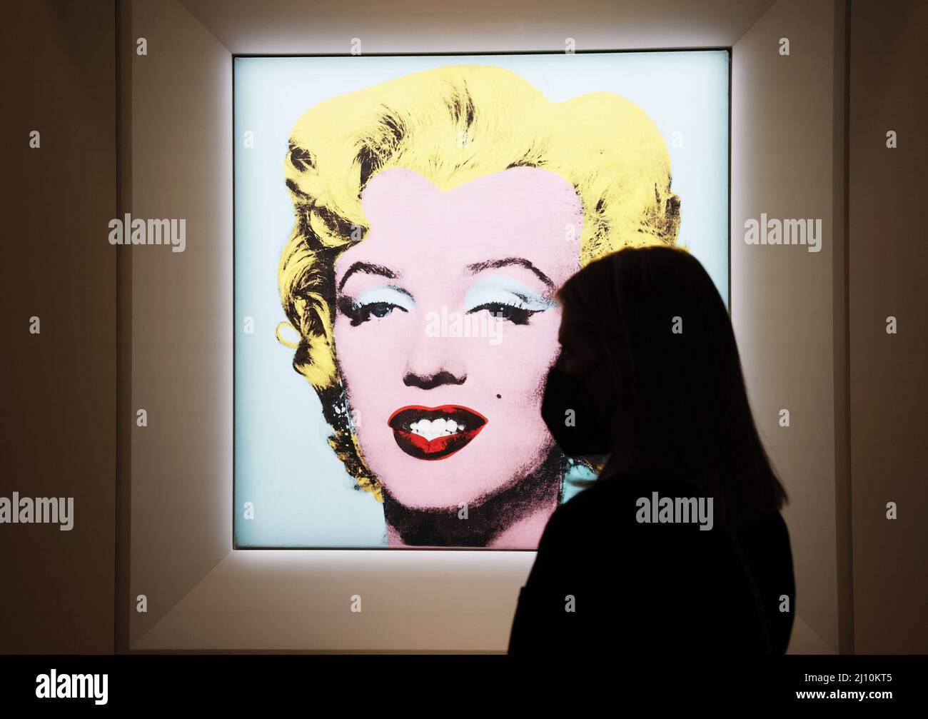 New York, United States. 21st Mar, 2022. 'Shot Sage Blue Marilyn' by Andy Warhol is on display after an announcement that it will go up for Auction at Christie's on Monday, March 21, 2022 in New York City. The iconic Andy Warhol silk-screen portrait of Hollywood starlet Marilyn Monroe is on the block for $200 million, a record asking price for any 20th Century painting. Photo by John Angelillo/UPI Credit: UPI/Alamy Live News Stock Photo