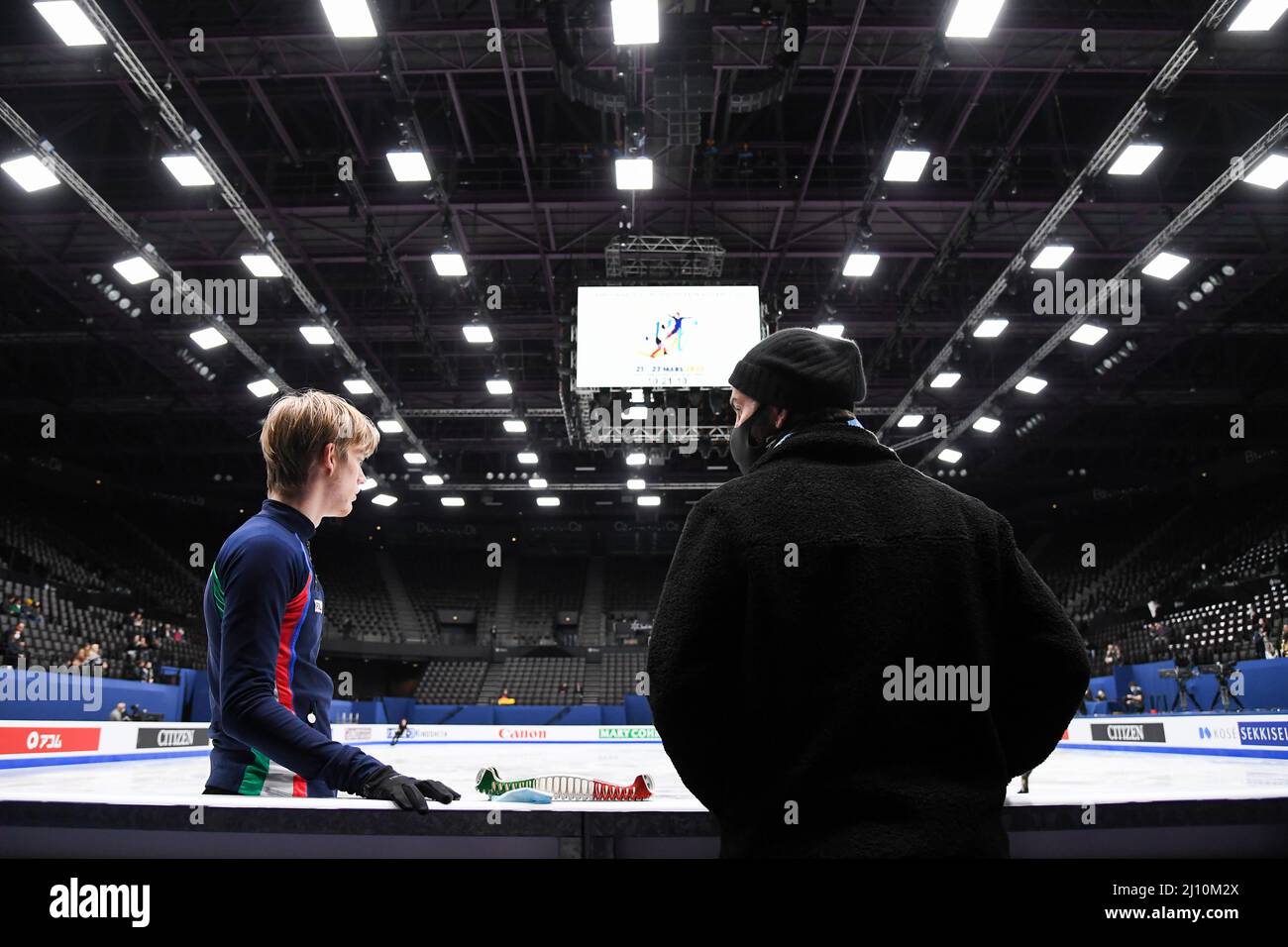 Daniel GRASSL (ITA), during Men Practice, with his coach Lorenzo MAGRI, at the ISU World Figure Skating Championships 2022 at Sud de France Arena, on March 21, 2022 in Montpellier Occitanie, France.