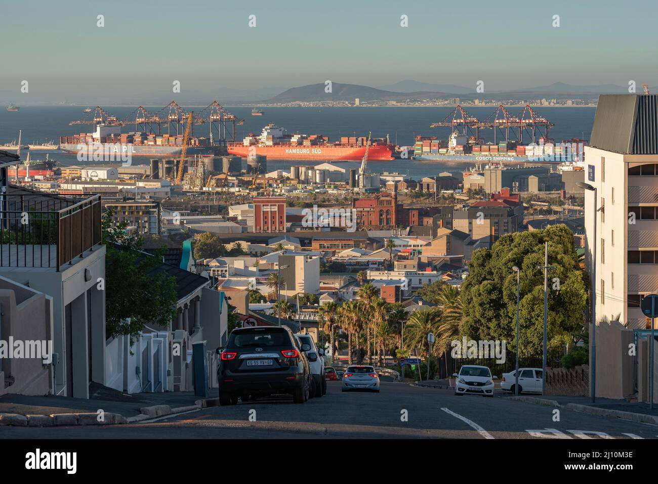 Cape Town, South Africa. 2022. An overview of the Port of Cape Town and shipping from the Woodstock area Stock Photo