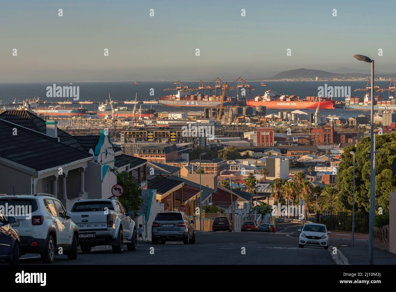 Cape Town, South Africa. 2022. An overview of the Port of Cape Town and shipping from the Woodstock area Stock Photo
