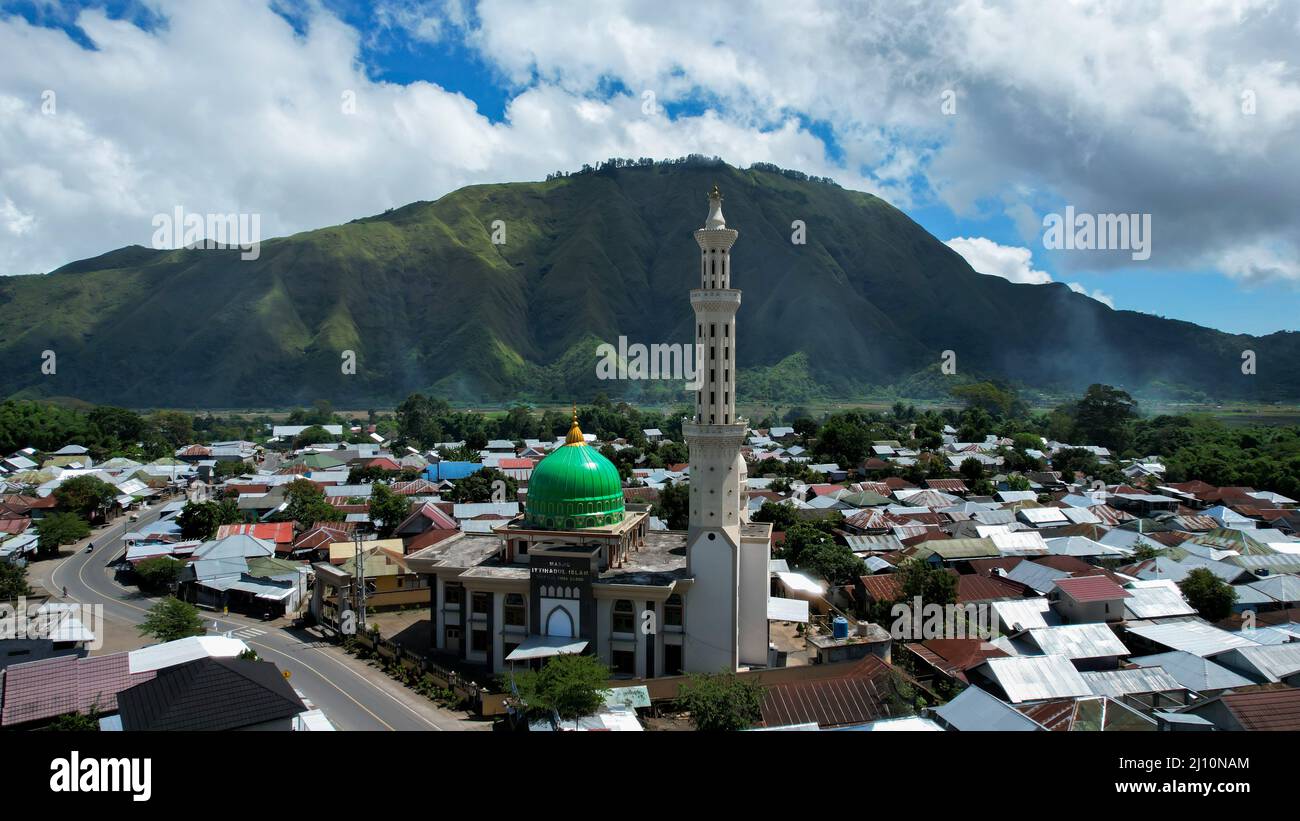 Aerial view of some agricultural fields in Sembalun. Sembalun is situated on the slope of mount Rinjani and is surrounded by beautiful green mountains Stock Photo