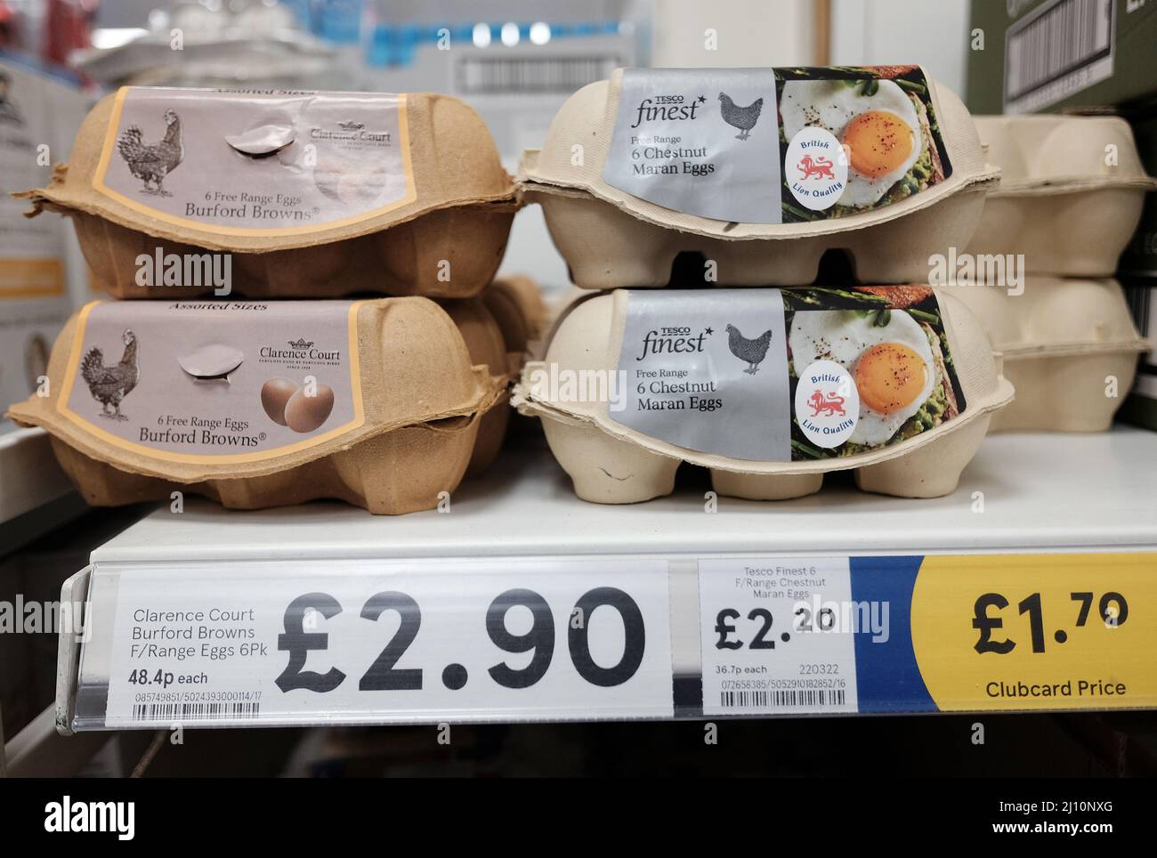 Boxes of free range egg on a shop shelf in a Tesco store in central London. Free range eggs are no longer available on UK supermarket shelves, as the “largest ever outbreak” of bird flu has kept hens inside for months. Picture date: Monday March 21, 2022. Stock Photo