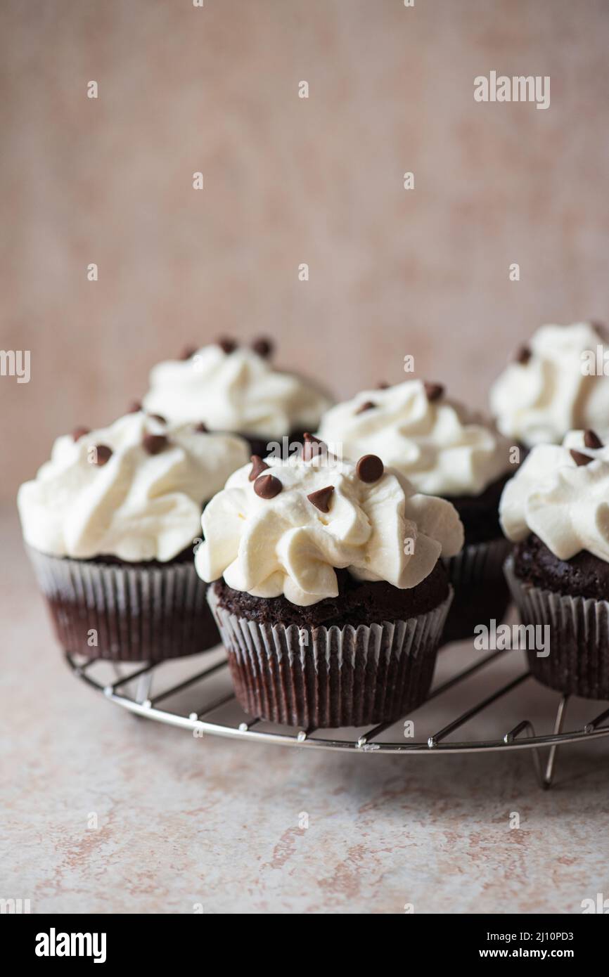 Rich chocolate cupcakes with whipped cream frosting and chocolate chips on a cooling rack. Close up. Stock Photo