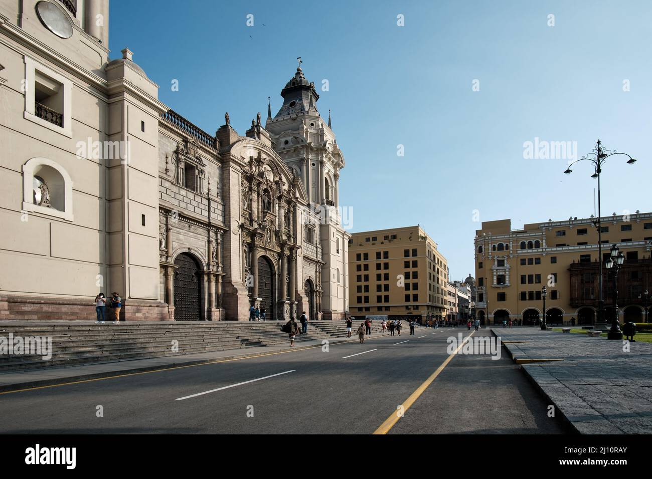 Lima. March 16, 2022 – Beautiful view of the main cathedral in the main square of Lima, with its classical architecture. Lima, Peru Stock Photo