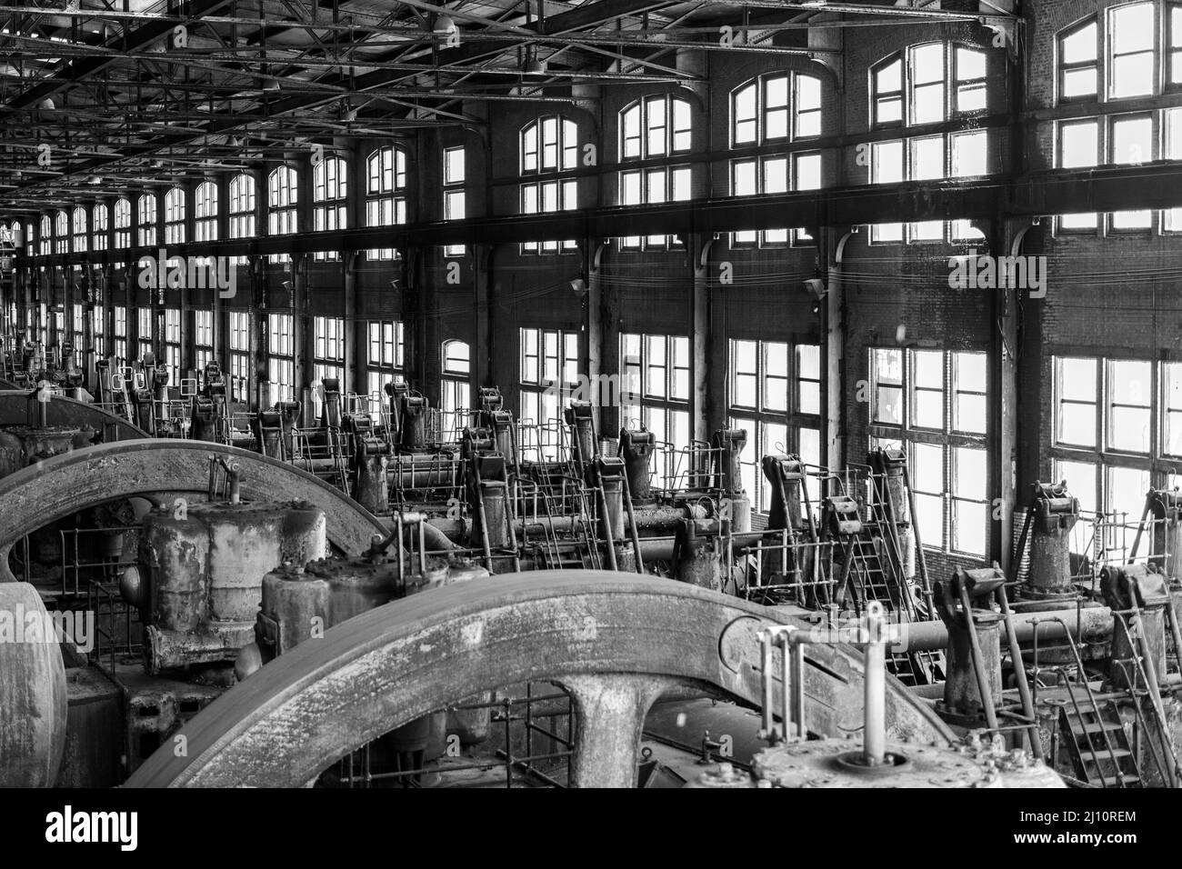 Grayscale of the inside of Bethlehem Steel American steelmaking company Stock Photo