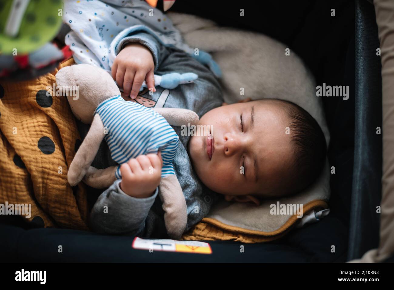 Baby sleeping in the stroller next to his teddy bear Stock Photo