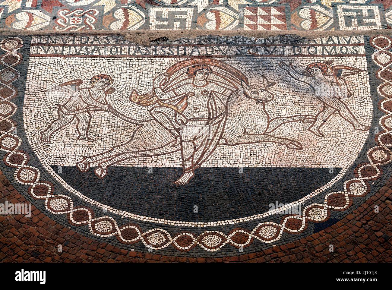 Lullingstone, römische Villa, Fußbodenmosaik, Europa mit dem Stier Stock Photo