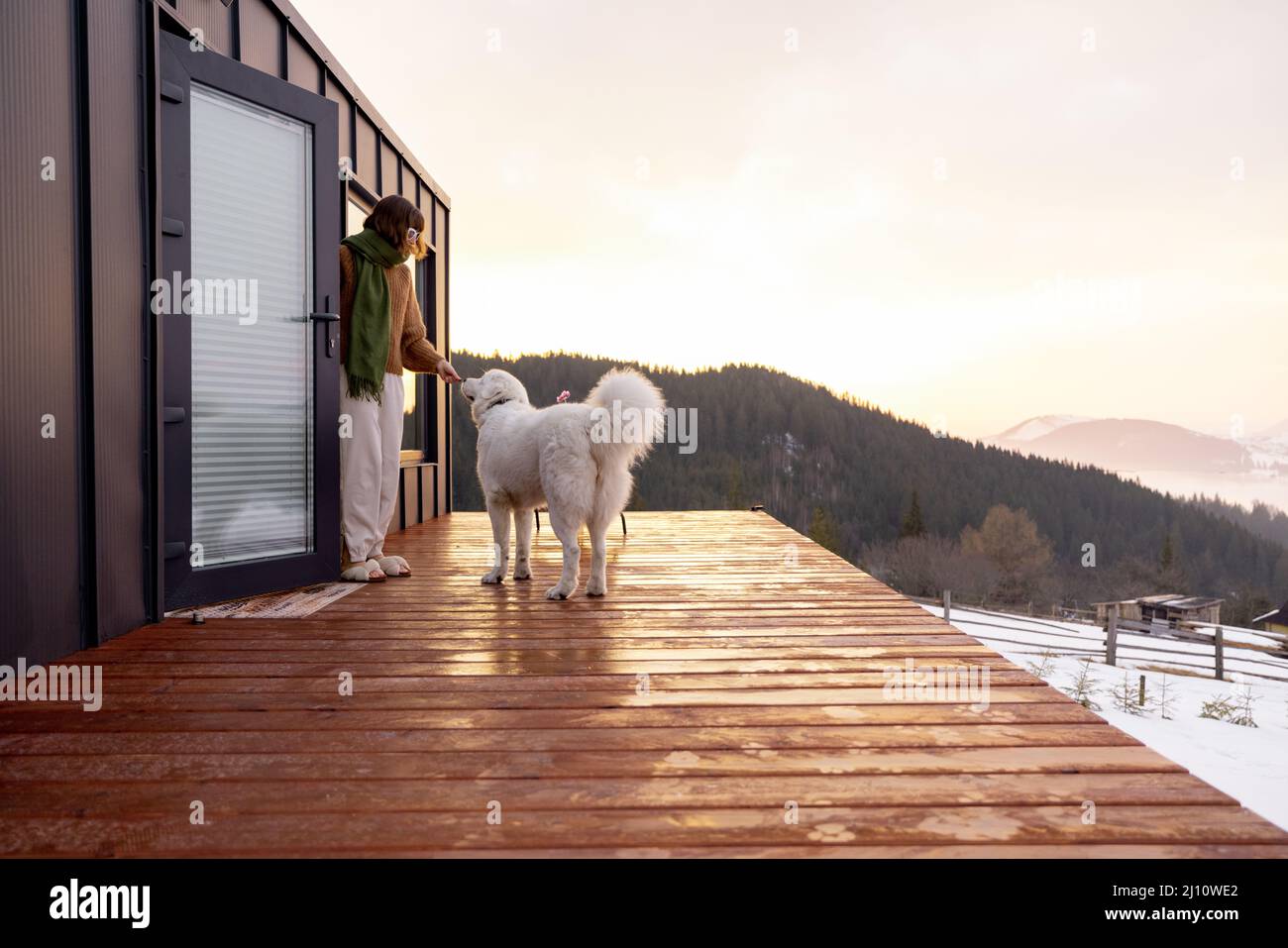 Woman with her dog resting on terrace of tiny house on nature Stock ...