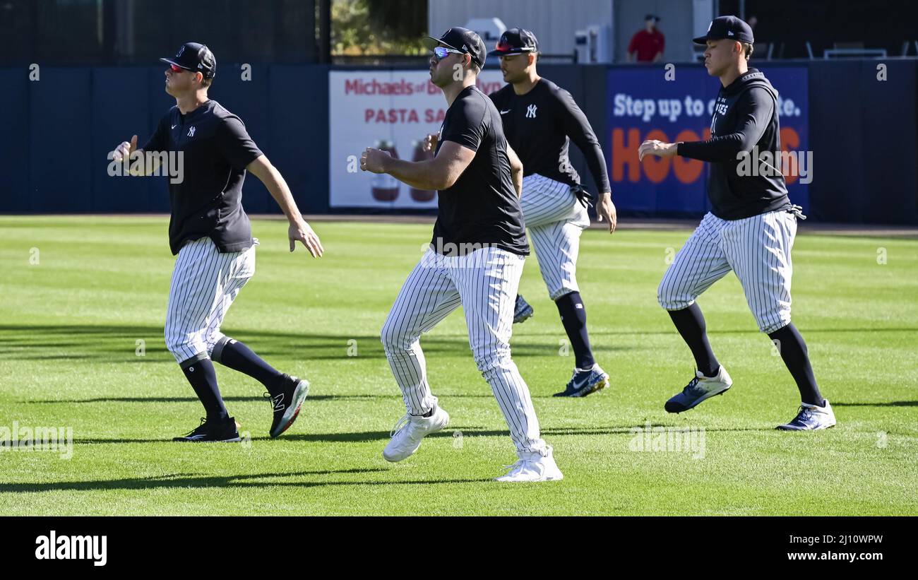 Tampa, United States. 21st Mar, 2022. New York Yankees' Josh Donaldson  (L-R), Joey Gallo, Giancarlo Stanton and Aaron Judge loosen up during a  workout before a spring training baseball game against the