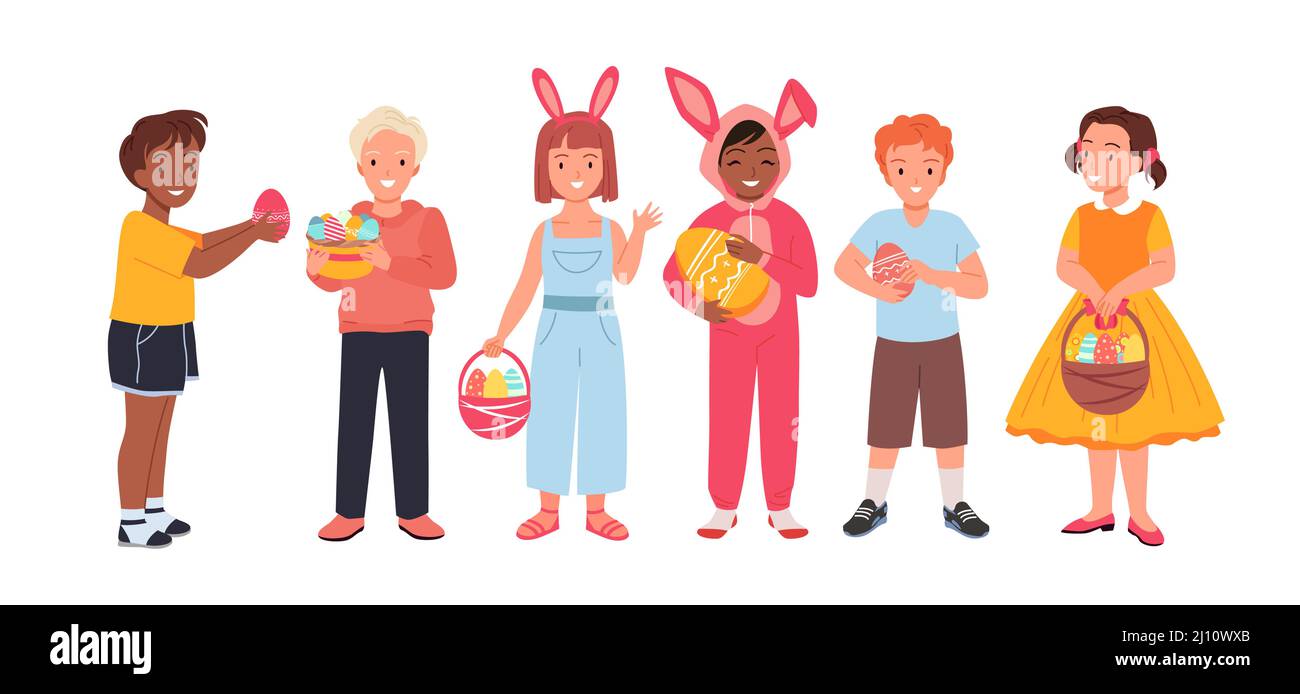 Cute kids celebrate Easter set, happy boys and girls holding baskets, eggs with patterns Stock Vector