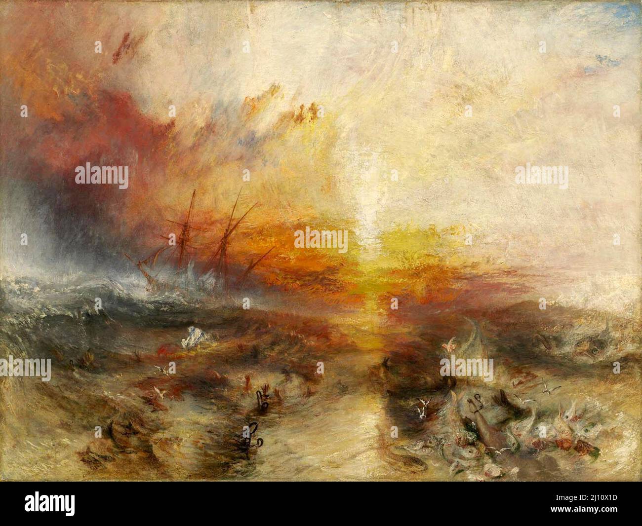 The Slave Ship,  formerly known as Slavers throwing overboard the Dead and Dying — Typhoon coming on.  J. M. W. Turner. 1840.  It is thought that Turner may have been influenced by the infamous case of the slave ship Zong. Stock Photo