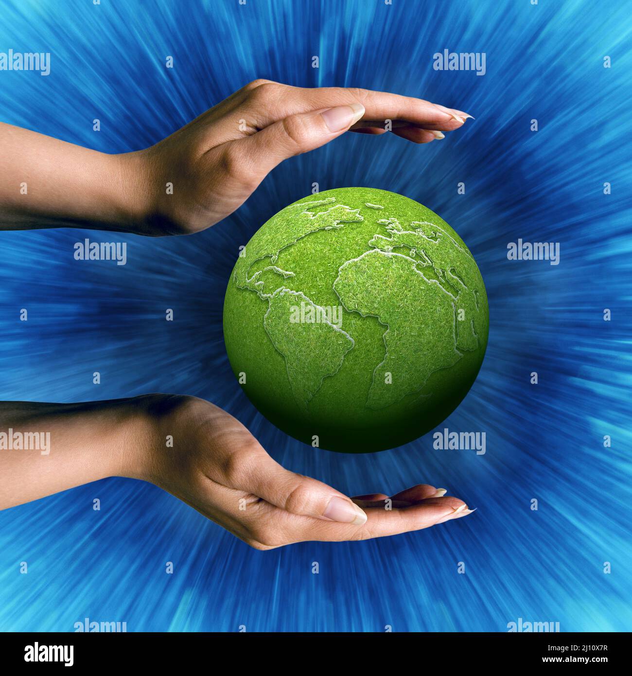 hands and green planet earth, earth day and green world concept Stock Photo