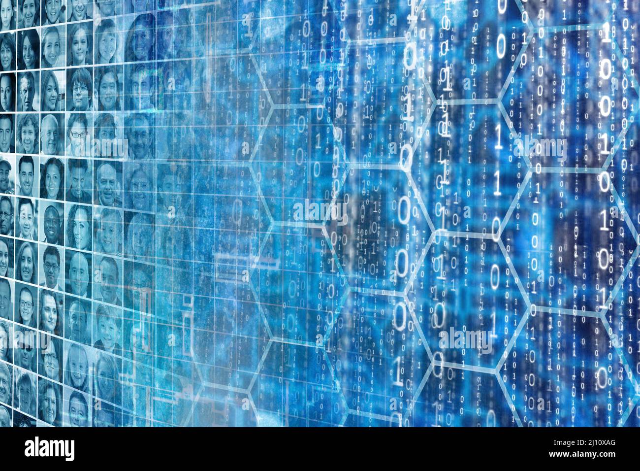 wall of people faces and binary code, social media concept Stock Photo ...