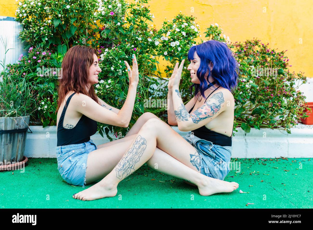 Happy young women playing patty cake in backyard Stock Photo - Alamy