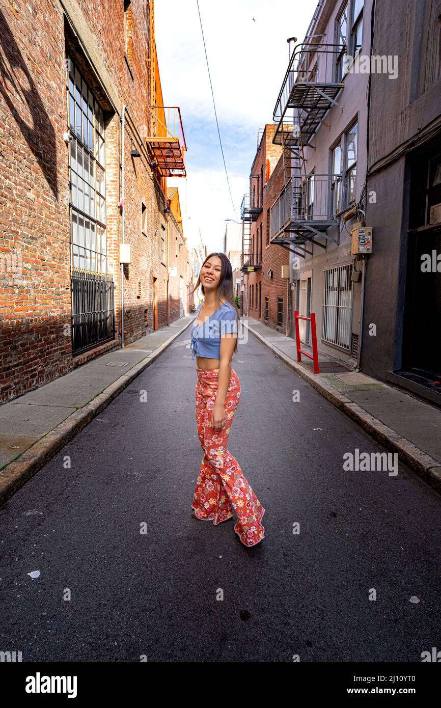 Teenage Female Dressed in 60s Fashion Clothes in San Francisco Downtown