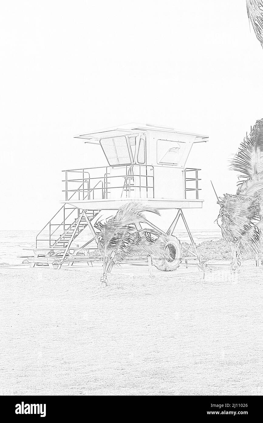 Pencil drawing of a lifeguard tower under a cloudy sky on the Lydgate Beach on Kauai Stock Photo