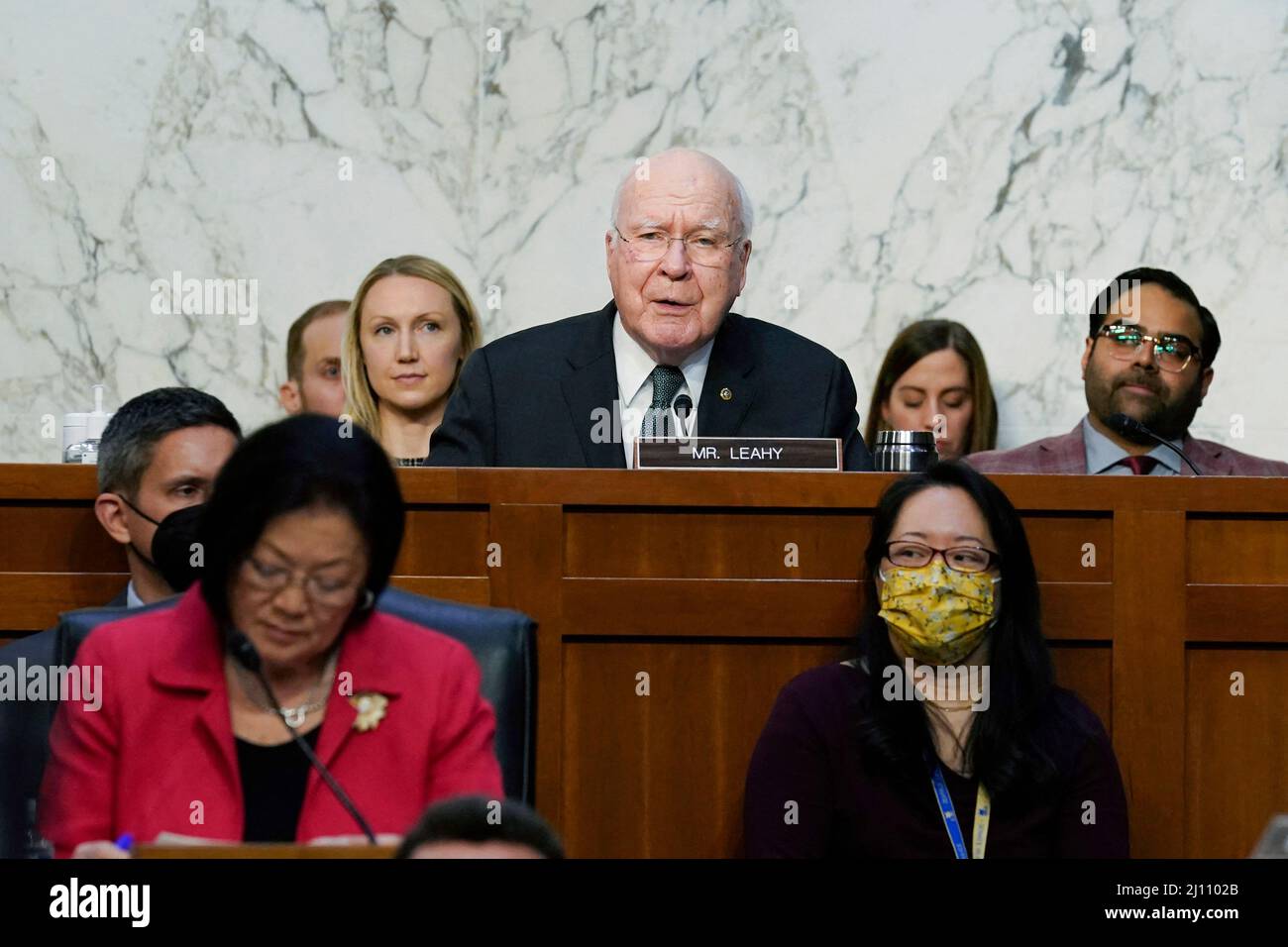 Sen. Patrick Leahy, D-Vt., center, makes an opening statement during the confirmation hearing for Supreme Court nominee Ketanji Brown Jackson, Monday, March 21, 2022, in Washington. Sen. Mazie Hirono, D-Hawaii, listens at left. Photo by J. Scott Applewhite/Pool/ABACAPRESS.COM Stock Photo