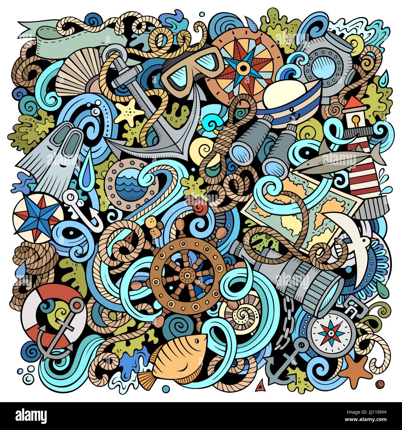Nautical hand drawn vector doodles funny illustration. Stock Vector