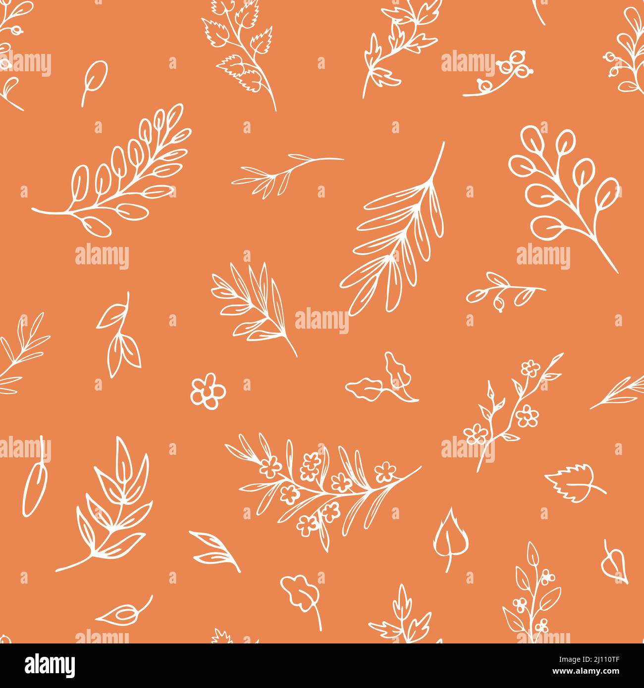 Seamless pattern made of white hand drawn leaves, branches, wild herbs on light orange background. Delicate contour sketch, botanical design for print Stock Vector