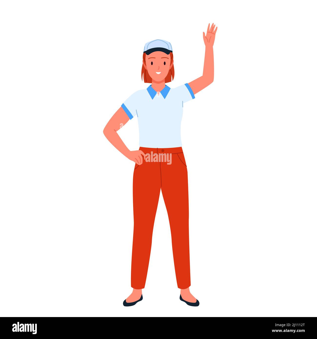 Storekeeper in shop uniform or employee of store standing and waving to customers Stock Vector